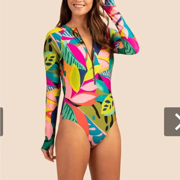 Trina Turk Rainforest Open Back Paddlesuit Rashguard Long Sleeved Swimsuit 1 Pc - Picture 3 of 8